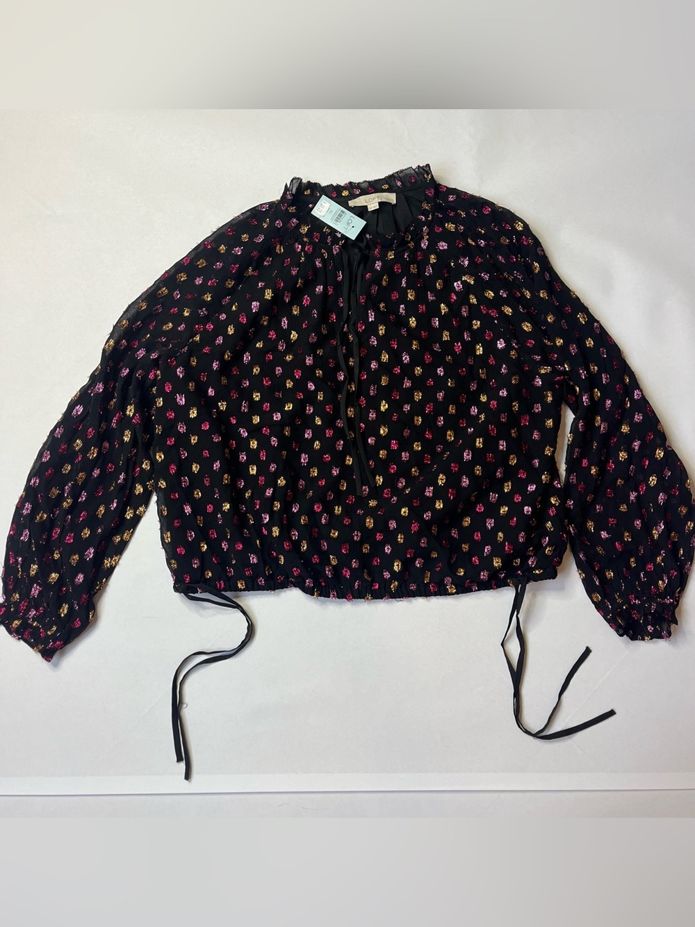 LOFT NWT Black Blouse with Pink and Gold Floral Print and Tie Neck Dressy